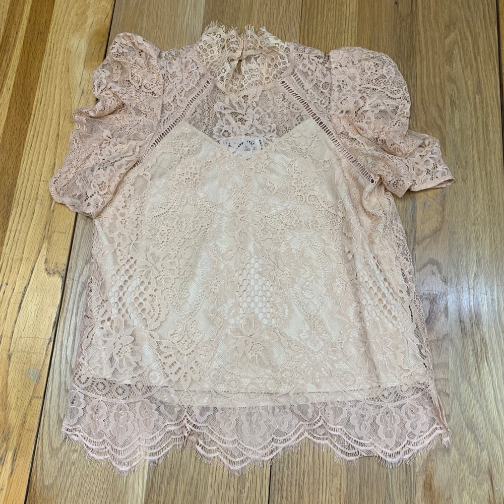 Savanna Jane Womens Tan Floral‎ Lace Mock Neck Puff Sleeve Top 18537 Size Small